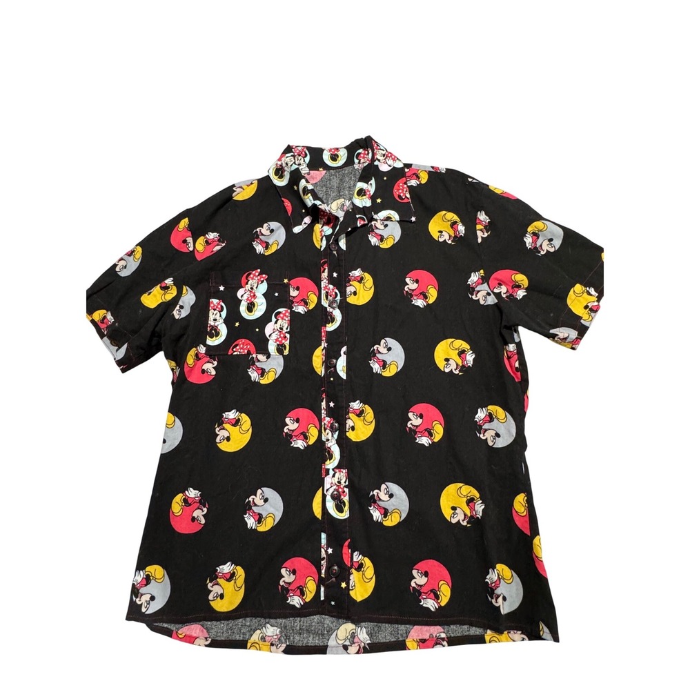 Disney Mickey Minnie Mouse Button Up Shirt Mens Short Sleeve Black All Over